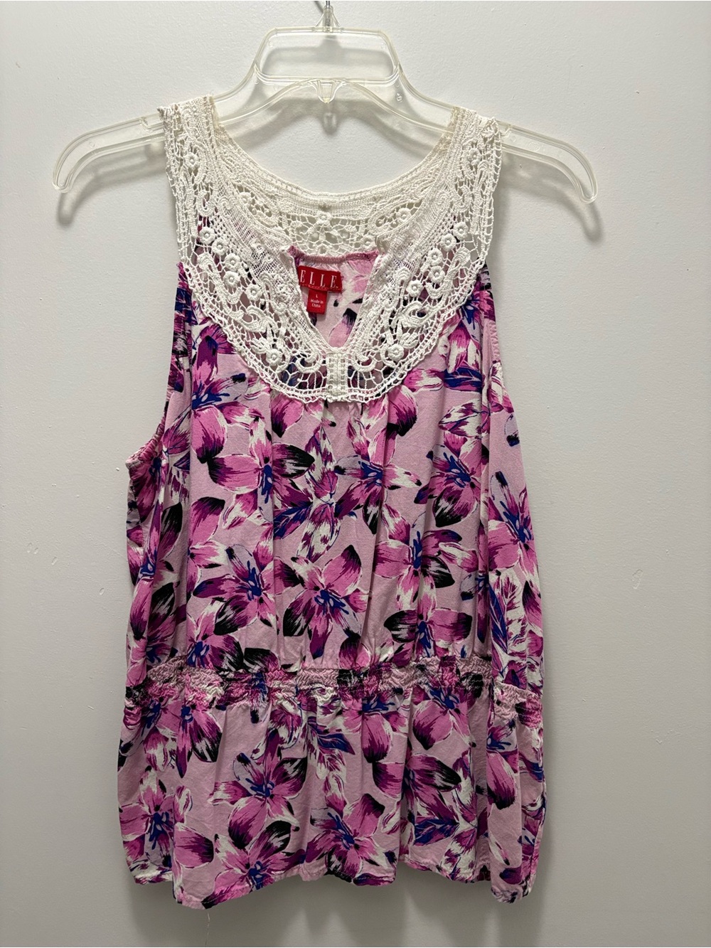 Elle Pink Floral Sleeveless Top with White Crochet Yoke